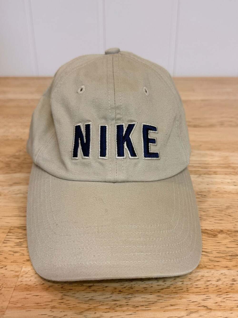 Vintage Nike Spellout Embroidered Logo Khaki Baseball Cap Fitted Size 7 1/8
